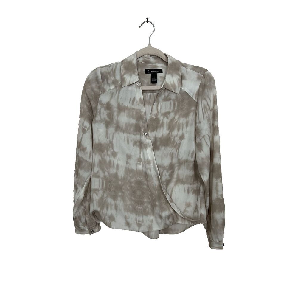 INC International Concepts Womens 6 Wrap Blouse Beige/White Long Sleeve Button